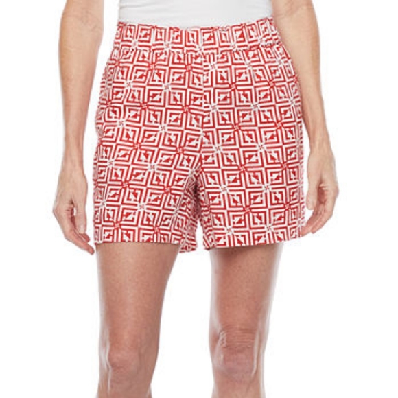 Liz Claiborne New High Waist Flat Front Geometric Red White Shorts, M - Picture 1 of 6